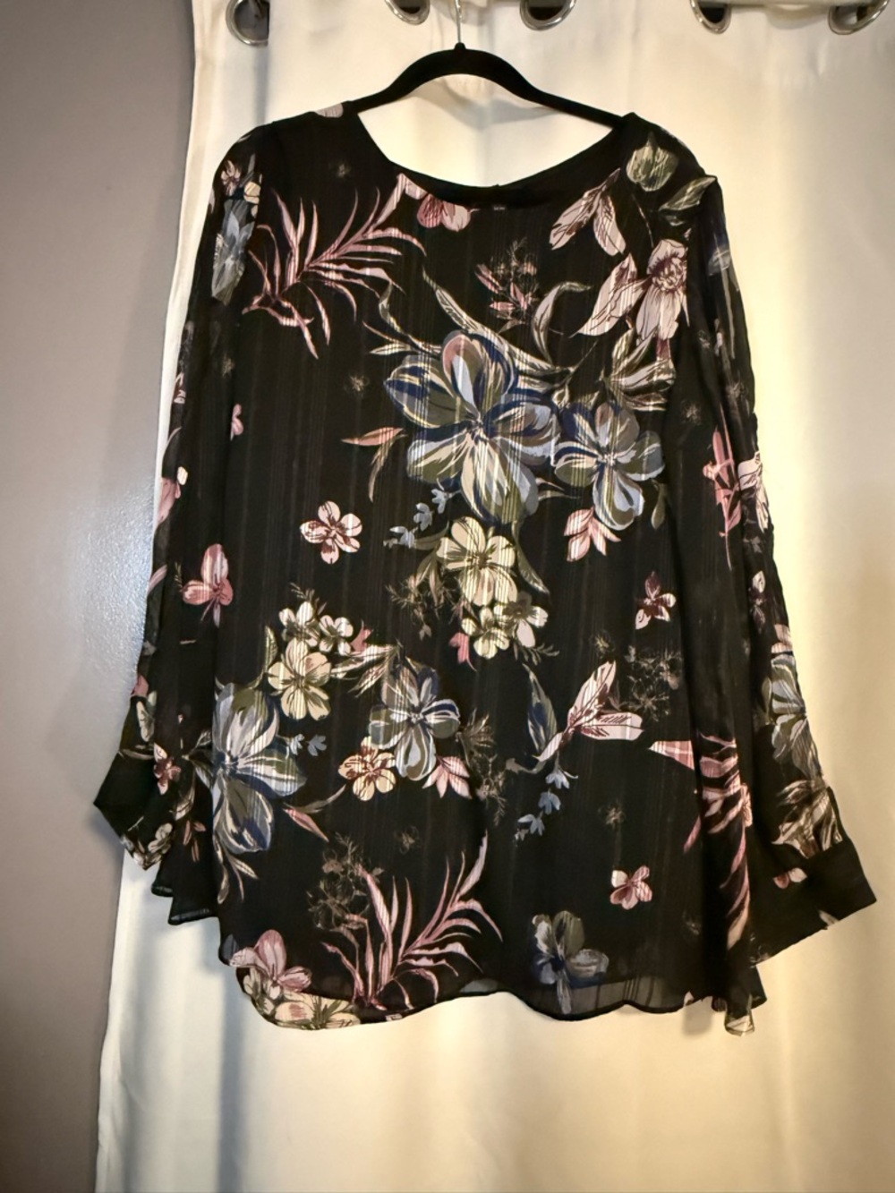 Lane Bryant Black Floral Long-Sleeve Blouse with Pastel Blooms